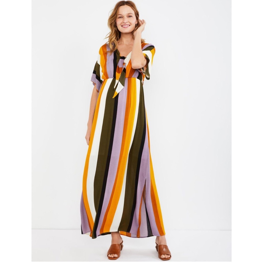 🌟LISA & LUCY🌟 MULTI STRIPE TIE FRONT MAXI MATERNITY SHORT SLEEVE DRESS SZ XS
